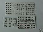 309-310-312 Lines Cars -ad Lionel Decals