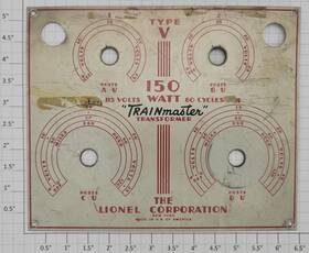 V-107r Lionel O Gauge Type Inch V 150 Watt Trainmaster Metal Nameplate With Red Print