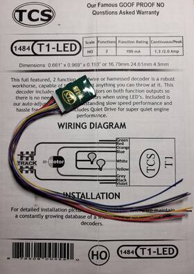1484 Tcs T1-led Dcc Motor Decoder With 9 Pin Harness Led Ready