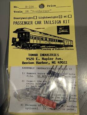 H-356 Tomar Industries Ho Southern Lightweight Passenger Car Tailsign Kit