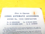 Lionel Postwar 153C-22 4-49TT Automatic Accessories- Original Instructions. Fixed Price $12.00.
