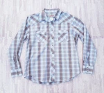 Wrangler Snap Button Down Plaid American Cowboy Shirt Men's Large Brown Blue. Fixed Price $25.00.