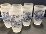 Currier & Ives 7 Different Gay Fad Blue Frosted 5.25 Glasses Train Riverboat. Fixed Price $35.00.