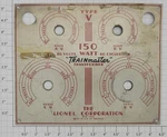 Lionel V-107R Gauge Type "v" 150 Watt Trainmaster Metal Nameplate W/ Red Print. Fixed Price $10.00.